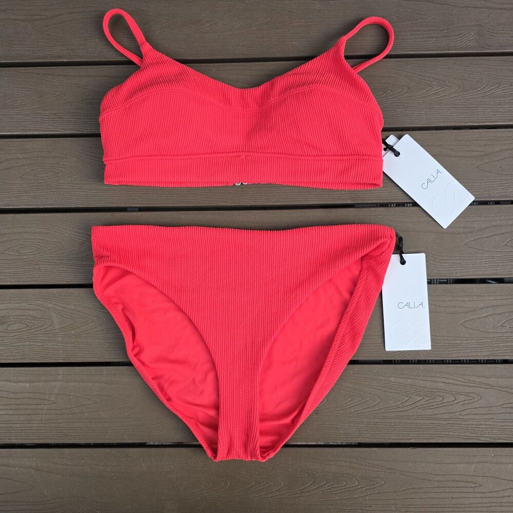 CALIA Women's Blazin' Coral Crinkled Bikini Top & Mid Rise Bikini Sz M New